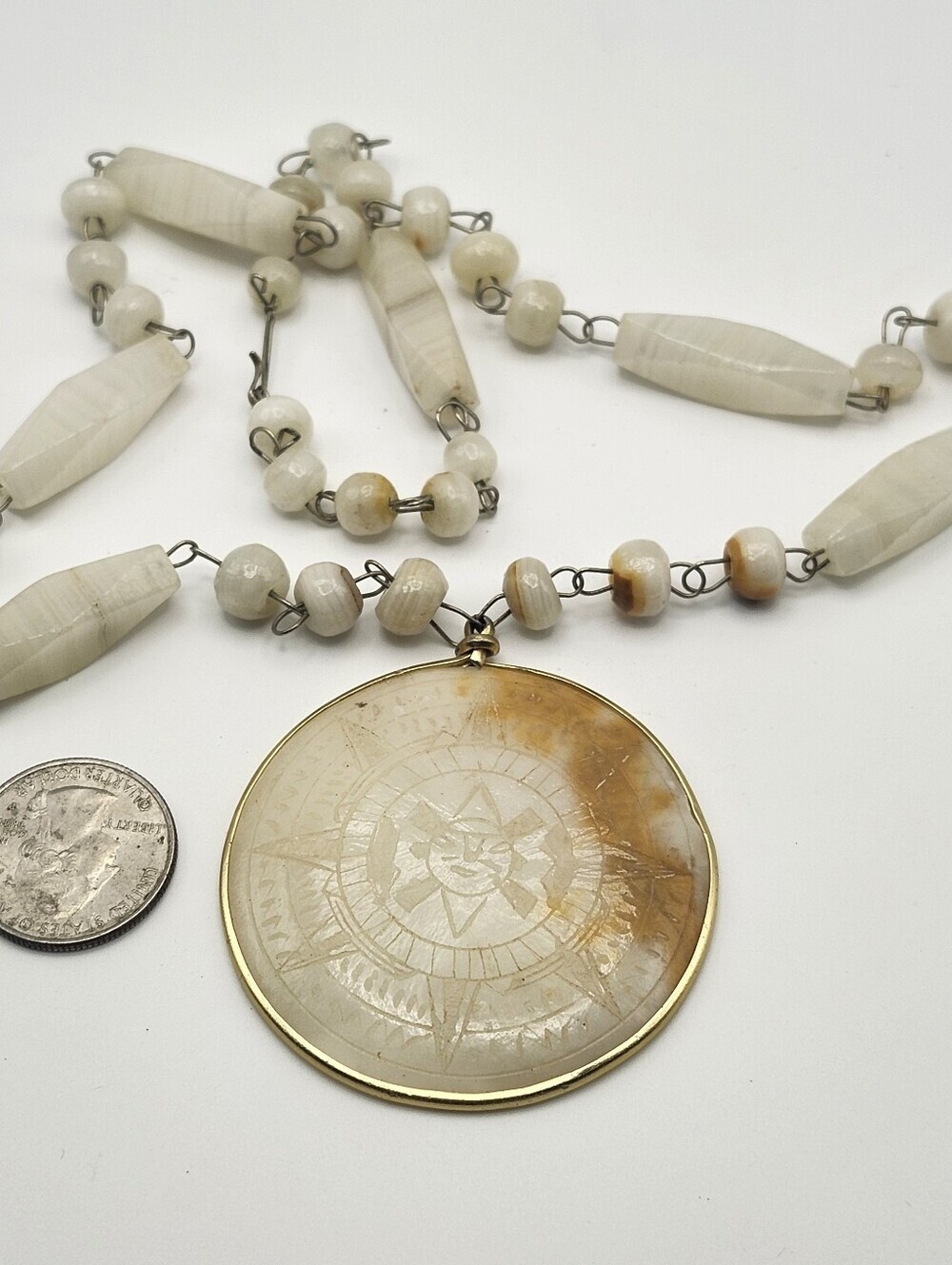 Mexican white onyx Stone Necklace with Aztec Medallion